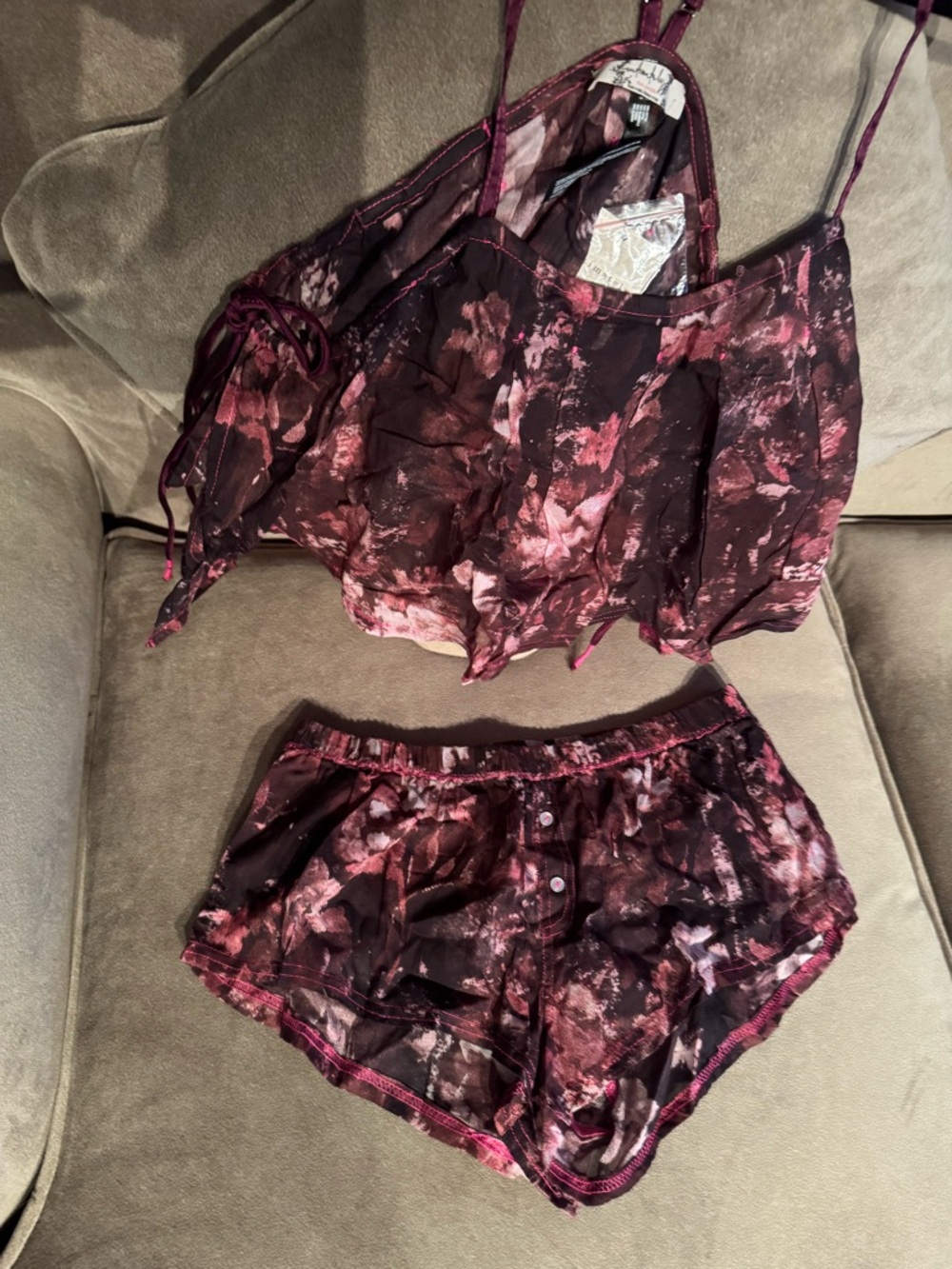 Free People Burgundy & Pink Floral Satin Cami and Short Set - Picture 3 of 5